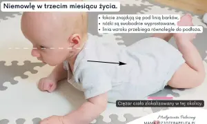 Niemowlę w trzecim miesiącu życia leży na brzuchu. Zwróć uwagę na nieprawidłowe leżenie na brzuchu niemowlaka: łokcie są za linią barków, a ciężar ciała jest przesunięty do tyłu.
