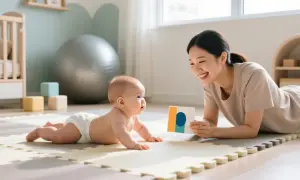 Uśmiechnięta mama uczy dziecko, które właśnie podnosi główkę, rozpoznawać kolory na karcie.