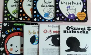 Książeczki kontrastowe dla niemowląt, idealne, kiedy dziecko widzi kolory. Różne tematy: świat wokół, zwierzęta, twarze, a także książeczki z podziałem na wiek.