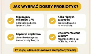 Wybierając probiotyk dla dzieci, zwróć uwagę na minimum 5 miliardów CFU, kilka szczepów, kapsułkę dojelitową i udokumentowane szczepy.