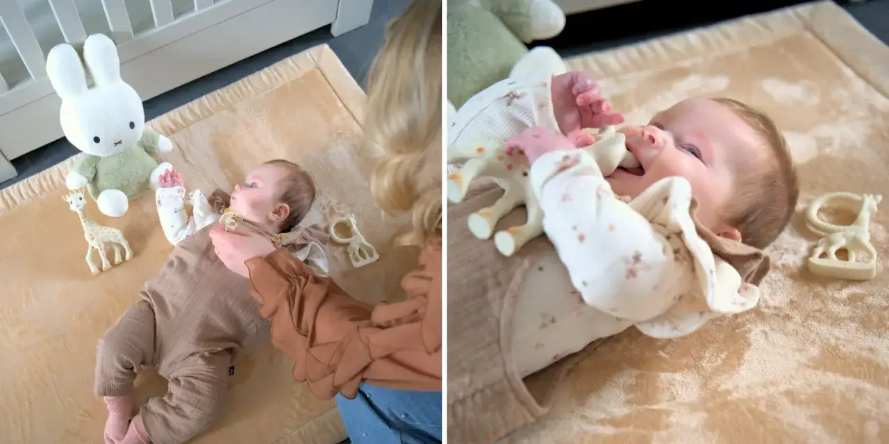 Urocze dziecko odkrywa świat, kiedy dziecko raczkuje, bawiąc się pluszowym Miffy i żyrafą Sophie.